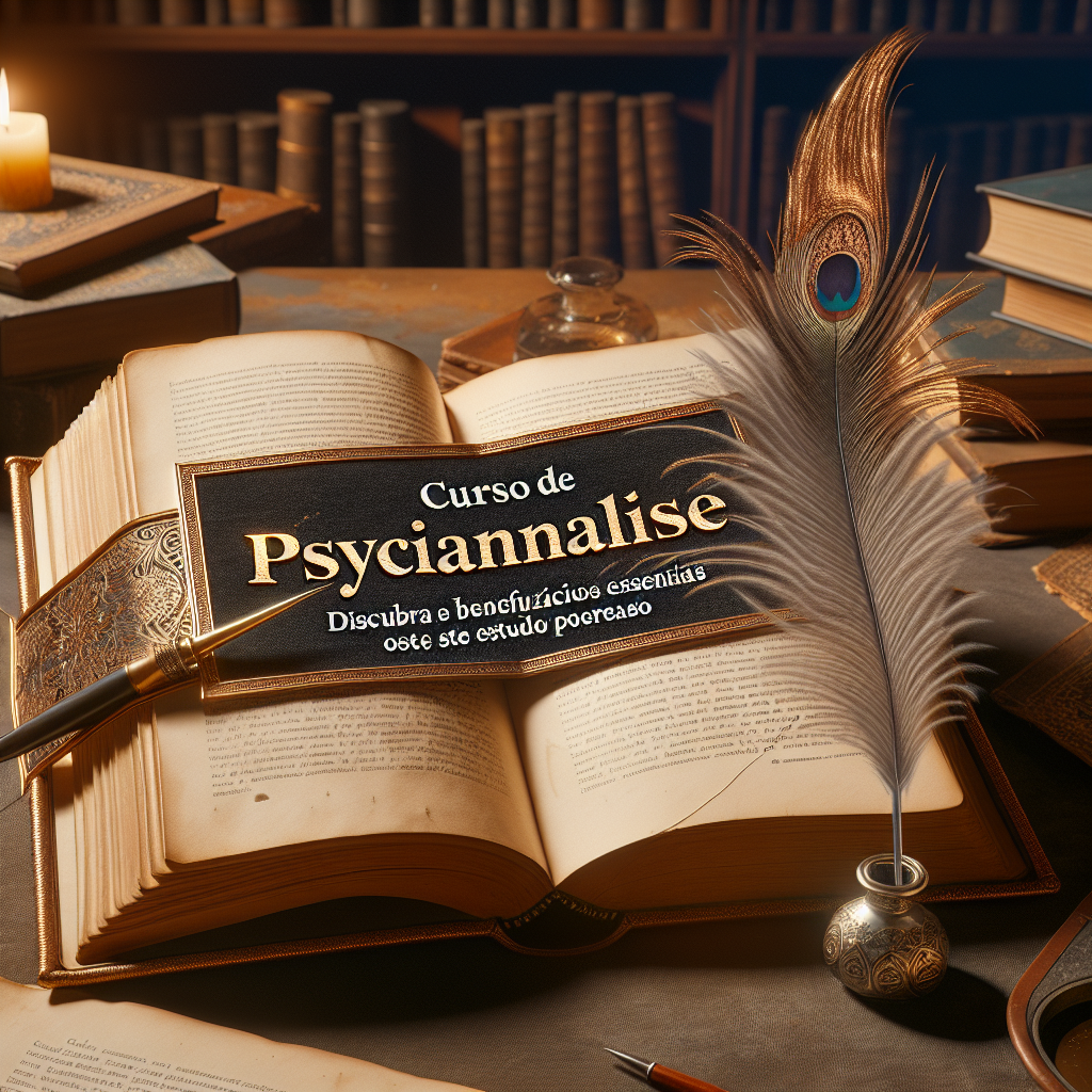 An Open Book Lying On A Table, With The Pages Filled With Text Related To Psychoanalysis Concepts, Against The Background Of A Tranquil Library Setting. Beside The Book, There Is A Luxurious Feather Quill And An Inkwell. The Words 'Curso De Psicanálise: Descubra Os Benefícios Essenciais Deste Estudo Poderoso' Shine In Gold Embossed Letters On A Dark Banner Across The Bottom Of The Image.
